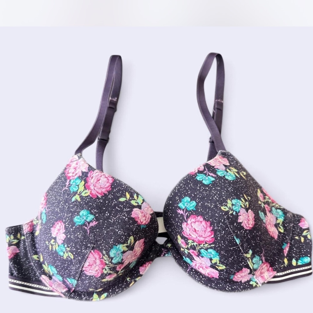 Xhilaration Black Bra with Pink Floral Pattern